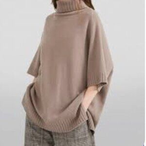 NWT Joan Vass Cowl Neck Tan Pullover Poncho Size L